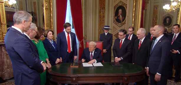 President Donald Trump signing an executive order in 2025, symbolizing key policy changes on immigration, energy, and social reforms during his second term.