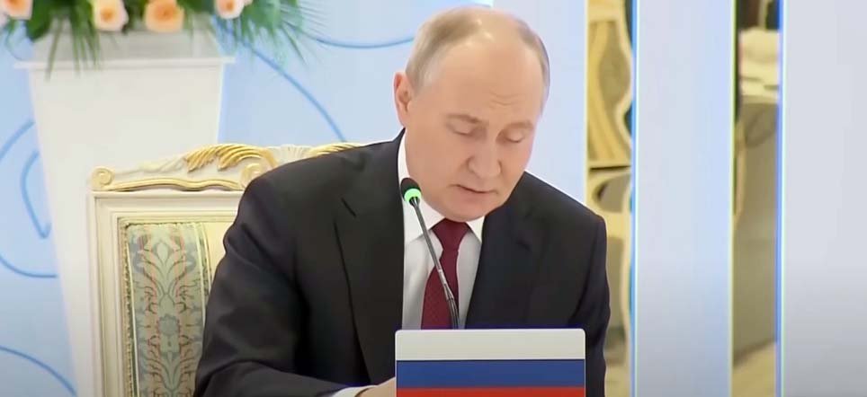 Russian President Vladimir Putin delivering a speech addressing the missile attack on Ukraine’s power grid, highlighting Russia's stance on the ongoing conflict.