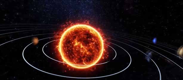 View of the Sun in the galaxy with a planet, symbolizing the power of nuclear fusion and the potential for clean energy.