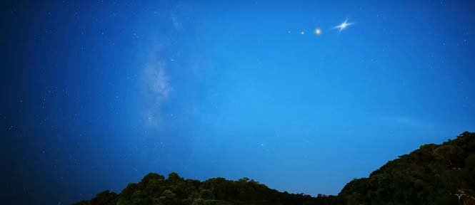 Four planets beautifully aligned in the night sky, creating a dazzling celestial display during a rare astronomical event.