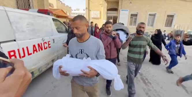Grieving families carry the bodies of children killed in Israeli airstrikes.