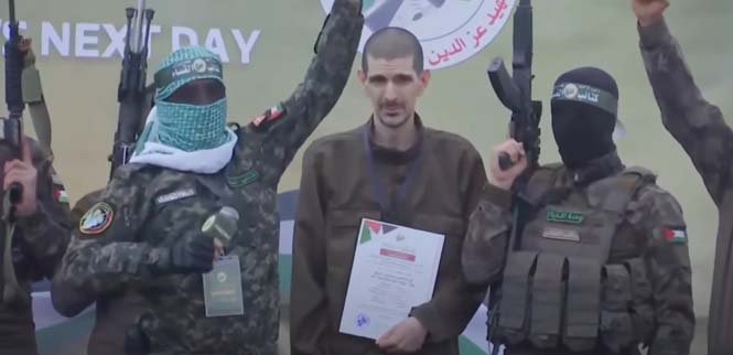 Hamas fighters release hostages in Gaza as part of a ceasefire negotiation agreement.