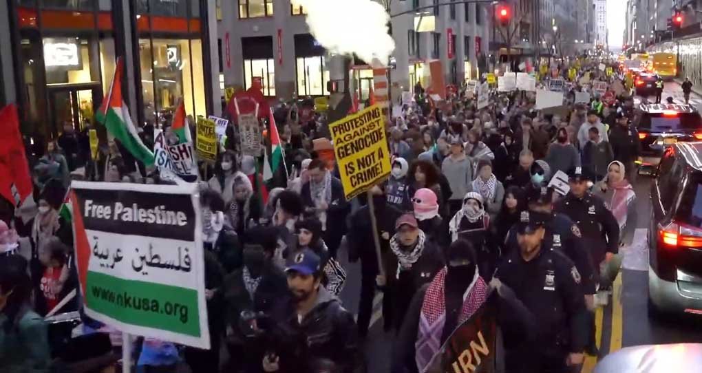 Thousands protest in New York demanding Free Palestine, rallying against Israel.
