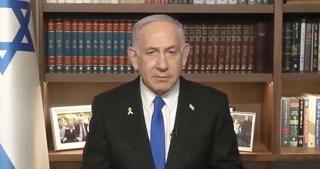 Israeli Prime Minister Benjamin Netanyahu delivering a passionate speech addressing the UK, France, and Canada amid the Gaza conflict and rising diplomatic tensions.